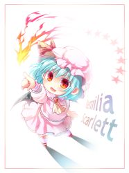 Rule 34 | 1girl, :3, aqua hair, arm up, ascot, bat wings, blush, brooch, chibi, fang, fangs, female focus, fire, fire, framed, hat, hat ribbon, highres, jewelry, maryquant, open mouth, pink legwear, pointing, pointing up, puffy sleeves, red eyes, remilia scarlet, ribbon, shirt, short hair, skirt, skirt set, smile, solo, star (symbol), touhou, wings