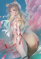 Rule 34 | 1girl, animal ear fluff, animal ears, backless outfit, breasts, brown eyes, cherry blossoms, expressionless, fox ears, fox girl, fox tail, highres, light brown hair, long hair, looking at viewer, mitake eil, multiple torii, original, parted lips, small breasts, tail, torii