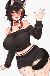 Rule 34 | 1girl, :d, absurdres, animal ear fluff, animal ears, bare shoulders, beret, black hair, black nails, black shorts, black sweater, breasts, brown eyes, cowboy shot, fishnet pantyhose, fishnets, glasses, hair ornament, hairpin, hat, heart, highres, hololive, jewelry, large breasts, long sleeves, looking at viewer, multicolored hair, nail polish, navel, ookami mio, open mouth, pantyhose, red hair, ring, shorts, simple background, smile, solo, streaked hair, sweater, tail, tail around own leg, varniskarnis, virtual youtuber, white background, wolf ears, wolf girl, wolf tail