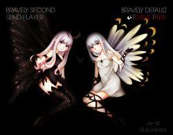 Rule 34 | 2girls, absurdres, aerie (bravely default), anne (bravely second), antenna hair, artist name, bad id, bad pixiv id, bare shoulders, black background, blue eyes, bravely default: flying fairy, bravely default (series), bravely second: end layer, butterfly wings, copyright name, cross-laced clothes, cross-laced legwear, dress, fairy, gloves, grey eyes, highres, insect wings, leotard, long hair, looking at viewer, multiple girls, pointy ears, silver hair, simple background, smile, spoilers, strapless, strapless dress, thighhighs, watermark, white dress, wings
