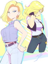 Rule 34 | 1girl, absurdres, aetherion, android 18, bead necklace, beads, belt, blonde hair, blue eyes, breasts, contrapposto, cropped vest, denim vest, dragon ball, dragonball z, earrings, gloves, hand in own hair, hand on own hip, high-waist pants, highres, hoop earrings, jewelry, large breasts, necklace, pants, solo, torn vest, vest