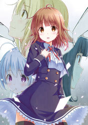 Rule 34 | 4girls, ahoge, black hair, blonde hair, blue hair, blush, breasts, brown eyes, brown hair, character request, closed mouth, copyright request, cover, cover image, cover page, long sleeves, looking at viewer, looking away, medium breasts, medium hair, multiple girls, novel cover, parted lips, purple eyes, red eyes, sekiyu., smile, thighhighs, yellow eyes