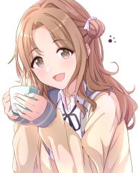 Rule 34 | 1girl, alisia0812, blush, brown eyes, cardigan, commentary request, cup, hair bun, highres, holding, holding cup, ichikawa hinana, idolmaster, idolmaster shiny colors, long hair, looking at viewer, mug, open cardigan, open clothes, open mouth, side bun, simple background, single hair bun, single side bun, sleeves past wrists, smile, solo, white background
