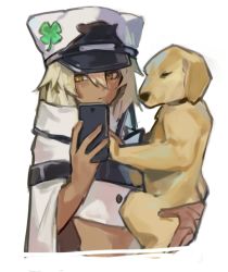 Rule 34 | 1girl, animal, cape, cellphone, clover, dark-skinned female, dark skin, dog, expressionless, four-leaf clover, guilty gear, guilty gear strive, hair between eyes, hat ornament, holding, holding animal, holding dog, holding phone, medium hair, midriff, phone, platinum blonde hair, puppy, ramlethal valentine, selfie, smartphone, solo focus, uncle rabbit ii, white background, white headwear, yellow eyes
