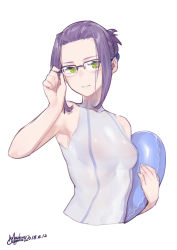 Rule 34 | 10s, 1girl, absurdres, adjusting eyewear, bare shoulders, black-framed eyewear, breasts, commentary, darling in the franxx, dated, glasses, gorgeous mushroom, green eyes, highres, holding, holding swim ring, ikuno (darling in the franxx), innertube, looking at viewer, medium breasts, one-piece swimsuit, over-rim eyewear, parted lips, purple hair, semi-rimless eyewear, signature, simple background, solo, swim ring, swimsuit, upper body, white background, white one-piece swimsuit