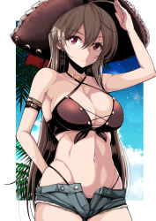 Rule 34 | 1girl, anchor earrings, arm behind back, arm strap, azur lane, bare shoulders, bikini, blue sky, breasts, brown bikini, brown hair, cleavage, closed mouth, cloud, collarbone, commentary request, cowboy shot, criss-cross halter, cross-laced bikini, cross-laced clothes, cutoffs, day, denim, denim shorts, earrings, grey shorts, groin, hair between eyes, halterneck, hand up, hat, highleg, highleg bikini, highres, jean bart (azur lane), jean bart (private apres midi) (azur lane), jewelry, large breasts, lens flare, long hair, looking at viewer, micro shorts, midriff, navel, open fly, palm leaf, pirate hat, red eyes, shorts, sidelocks, sky, solo, standing, swimsuit, takanotsume
