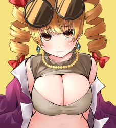 Rule 34 | 1girl, amazaki ria, bad id, bad twitter id, blush, bow, breasts, cleavage, closed mouth, coat, commentary, drill hair, earrings, eyewear on head, hair bow, highres, jewelry, large breasts, looking at viewer, necklace, orange eyes, orange hair, purple coat, red bow, round eyewear, simple background, solo, sunglasses, symbol-only commentary, touhou, twin drills, upper body, yellow background, yorigami jo&#039;on