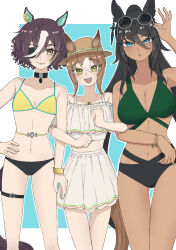 Rule 34 | 3girls, :o, adjusting eyewear, animal ears, arm up, bare shoulders, bikini, black hair, blush, bracelet, breasts, brown hair, cleavage, clenched hands, closed mouth, collar, commentary request, dark-skinned female, dark skin, ears through headwear, eyepatch, eyewear on head, feet out of frame, fine motion (umamusume), green eyes, hand on own hip, hat, highres, horse ears, horse girl, horse tail, jewelry, large breasts, locked arms, long hair, looking at viewer, mismatched bikini, multicolored hair, multiple girls, navel, necklace, open mouth, ponytail, shirt, short hair, skirt, small breasts, smile, standing, streaked hair, sunglasses, swimsuit, symboli kris s (umamusume), tail, tanino gimlet (umamusume), thigh strap, uida (vodka 0404 ), umamusume, white shirt, white skirt, wristband