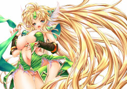 Rule 34 | 144 (riesztan), 1girl, areola slip, armor, bikini armor, blonde hair, blue eyes, breasts, curvy, female focus, gloves, hair ornament, jewelry, large breasts, long hair, lots of jewelry, no panties, open mouth, riesz, seiken densetsu, seiken densetsu 3, simple background, solo, standing, thigh gap, very long hair, white background, wide hips
