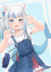 Rule 34 | 1girl, :d, absurdres, animal ears, bag, blue background, blue bag, blue eyes, blue hair, cat ears, commentary request, cowboy shot, double v, dress, fins, fish tail, gawr gura, gawr gura (casual), grey background, grey hair, hair ornament, hands up, highres, hololive, hololive english, jtleeklm, long hair, looking at viewer, official alternate costume, open mouth, outline, shark tail, sharp teeth, shirt, short sleeves, shoulder bag, smile, solo, tail, teeth, upper teeth only, v, virtual youtuber, white outline, white shirt