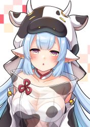 Rule 34 | 1girl, :o, animal ears, animal print, blue hair, blush, breasts, catura (granblue fantasy), collarbone, commentary request, cow ears, cow hood, cow print, cow print sleeves, detached sleeves, draph, ear piercing, granblue fantasy, highres, large breasts, long hair, looking at viewer, piercing, purple eyes, see-through, solo, stardrop, upper body