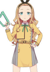 Rule 34 | 1girl, absurdres, aqua eyes, arm up, belt, black ribbon, blonde hair, chestnut mouth, collared shirt, cowboy shot, dress, forehead, green ribbon, grey dress, hair ornament, hair pulled back, hairband, hand on own hip, highres, holding, kurumi (lycoris recoil), long hair, looking at viewer, lycoris recoil, lycoris uniform, needle (needlebomb), open mouth, pleated dress, ribbon, shirt, sidelocks, simple background, two-tone dress, white background, yellow belt, yellow dress