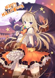 Rule 34 | 10s, 1girl, :q, artist name, blonde hair, brown thighhighs, buttons, cagliostro (granblue fantasy), cagliostro (halloween) (granblue fantasy), candy, cape, castle, clothes lift, food, food print, frilled skirt, frills, full moon, granblue fantasy, halloween, happy halloween, leg up, lollipop, long hair, looking at viewer, monikon13, moon, orange skirt, orange sky, puffy short sleeves, puffy sleeves, pumpkin, pumpkin print, purple eyes, shirt, short sleeves, silhouette, skirt, skirt lift, sky, solo, standing, standing on one leg, star (symbol), suspenders, sweets, thighhighs, tongue, tongue out, white shirt, zettai ryouiki