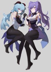 Rule 34 | 2girls, absurdres, artist request, ass, bare shoulders, blue hair, blush, bodysuit, breasts, chinese clothes, cowbell, dress, ganyu (genshin impact), genshin impact, gloves, hair ornament, highres, horns, keqing (genshin impact), large breasts, long hair, looking at viewer, low ponytail, multiple girls, pantyhose, ponytail, purple eyes, purple hair, shiny clothes, short dress, sideboob, skirt, twintails, very long hair