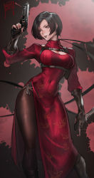 Rule 34 | 1girl, absurdres, ada wong, black hair, breasts, brown eyes, china dress, chinese clothes, cleavage, cleavage cutout, clothing cutout, contrapposto, covered navel, dress, dual wielding, feet out of frame, fingerless gloves, gloves, gun, handgun, highres, hip vent, holding, juaag acgy, knife, large breasts, long sleeves, looking to the side, narrow waist, nose, pantyhose, parted lips, red dress, resident evil, resident evil 4, ribbed dress, short hair, solo, thighs, turtleneck, weapon, wide hips