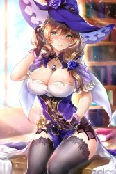Rule 34 | 1girl, black gloves, black thighhighs, book, bookshelf, breasts, brown hair, capelet, cleavage, dress, genshin impact, gloves, gold trim, green eyes, hand up, hat, large breasts, lisa (genshin impact), long hair, looking at viewer, parted lips, pelvic curtain, purple dress, purple hat, rei kun, sitting, solo, thighhighs, witch, witch hat