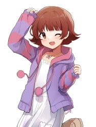 Rule 34 | 1girl, :3, absurdres, arm up, blush, breasts, brown eyes, brown hair, cowboy shot, dot nose, dress, hand up, highres, idolmaster, idolmaster million live!, idolmaster million live! theater days, jacket, jewelry, long sleeves, looking at viewer, medium breasts, multicolored clothes, multicolored jacket, necklace, nnnn, nonohara akane, one eye closed, open clothes, open jacket, open mouth, pom pom (clothes), short hair, signature, simple background, sleeves past wrists, smile, solo, standing, two-tone jacket, white background, white dress