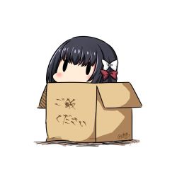 Rule 34 | 1girl, black hair, box, cardboard box, dated, hair ribbon, hatsuzuki 527, in box, in container, ishigaki (kancolle), kantai collection, red ribbon, ribbon, short hair, simple background, solid oval eyes, solo, translation request, twitter username, white background, white ribbon