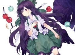 Rule 34 | 1girl, apple, apple slice, bad id, bad pixiv id, black thighhighs, blouse, bow, center frills, expressionless, feathered wings, food, frills, fruit, green skirt, hair bow, knife, long hair, miniskirt, misha (hoongju), purple hair, red bow, red eyes, reiuji utsuho, shirt, short sleeves, simple background, skirt, solo, thighhighs, third eye, touhou, very long hair, white background, white shirt, wings