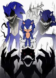 Rule 34 | 1boy, black eyes, black sclera, callmejayman, claws, colored sclera, exe (revie), faker (revie), gloves, highres, looking at viewer, looking down, looking up, multiple forms, open mouth, red eyes, size difference, smile, sonic.exe, sonic (series), sonic the hedgehog, transformation, white gloves