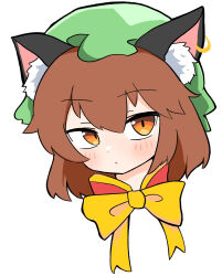 Rule 34 | 1girl, animal ear fluff, animal ear piercing, animal ears, blush, bow, bowtie, brown hair, cat ears, cat girl, cel shading, chen, closed mouth, commentary, cropped shoulders, expressionless, green hat, hair between eyes, hari oekaki, hat, highres, looking at viewer, mob cap, orange eyes, short hair, simple background, solo, touhou, white background, yellow bow, yellow bowtie