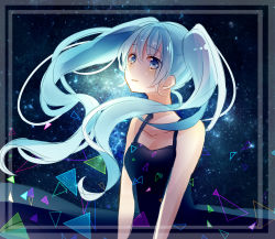 Rule 34 | 1girl, black dress, blue eyes, blue hair, breasts, cheng (job276), cleavage, collarbone, crying, crying with eyes open, dress, floating hair, hatsune miku, highres, long hair, sketch, sky, sleeveless, sleeveless dress, small breasts, solo, standing, star (sky), starry sky, tears, twintails, very long hair, vocaloid