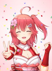 Rule 34 | 1girl, ahoge, armband, bare shoulders, belt, belt buckle, blush, breasts, buckle, cherry blossom print, cherry blossoms, cleavage, cleavage cutout, closed eyes, clothing cutout, confetti, floral print, flower, hair between eyes, hair flower, hair ornament, hairclip, highres, hololive, medium breasts, medium hair, nail polish, nontraditional miko, one side up, open mouth, pink hair, pink nails, rin (0917608), sakura miko, sakura miko (old design), solo, tears, tongue, upper body, v, virtual youtuber