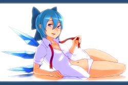 Rule 34 | 1girl, bad id, bad pixiv id, blue eyes, blue hair, bow, cirno, hair bow, letterboxed, matching hair/eyes, no pants, nosuku, aged up, panties, shirt, short hair, solo, touhou, underwear, undressing, white shirt, wings