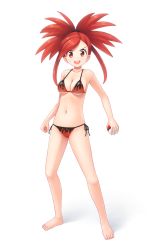 Rule 34 | 1girl, aposine, barefoot, bikini, breasts, creatures (company), flame print, flannery (pokemon), full body, game freak, gym leader, highres, holding, holding poke ball, long hair, looking at viewer, medium breasts, navel, nintendo, open mouth, poke ball, pokemon, pokemon rse, red eyes, red hair, side-tie bikini bottom, simple background, smile, solo, standing, swimsuit, teeth, upper teeth only, white background