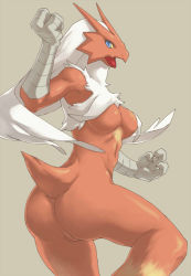 Rule 34 | 1girl, arm up, armpits, ass, beak, blaziken, blue eyes, breasts, claws, colored sclera, creatures (company), female focus, from behind, furry, furry female, game freak, gen 3 pokemon, hand up, jpeg artifacts, karasumareko, leg lift, legs apart, long hair, looking at viewer, looking back, looking to the side, medium breasts, nintendo, no nipples, no pussy, nude, open mouth, pokemon, pokemon (creature), solo, standing, tail, white hair, yellow sclera