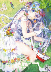 Rule 34 | 1girl, animal, baifeng, bare arms, bare legs, bare shoulders, bird, blue dress, blue eyes, bridal gauntlets, bustier, dress, eyelashes, flower, from above, grass, harp, head wreath, high heels, instrument, lace, leaf, leg ribbon, long hair, looking at viewer, lying, on side, parted lips, plant, ribbon, see-through, silver hair, skirt, solo, striped clothes, striped dress, symbol-shaped pupils, unicorn (warship girls r), vertical-striped clothes, vertical-striped dress, warship girls r, wavy hair, white skirt