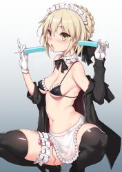 Rule 34 | 1girl, apron, artoria pendragon (alter swimsuit rider) (fate), artoria pendragon (alter swimsuit rider) (second ascension) (fate), artoria pendragon (fate), bikini, bikini top only, black bikini, black jacket, black ribbon, black thighhighs, blonde hair, blush, braid, breasts, bridal garter, cleavage, detached collar, fate/grand order, fate (series), food, french braid, frilled apron, frilled bikini, frilled bikini top, frills, fuya (tempupupu), gloves, hair between eyes, hood, hoodie, jacket, legs, maid, maid bikini, maid headdress, navel, off shoulder, open clothes, open hoodie, open jacket, open mouth, popsicle, ribbon, sex toy, sexually suggestive, small breasts, solo, squatting, swimsuit, thighhighs, thighs, tongue, tongue out, unconventional maid, vibrator, waist apron, white gloves, yellow eyes