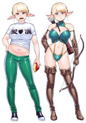 Rule 34 | 1girl, arrow (projectile), bad id, bad tumblr id, bare shoulders, belly, between breasts, blonde hair, boots, bow (weapon), breasts, casual, cleavage, cleavage cutout, clothing cutout, elbow gloves, elf, elf-san wa yaserarenai., erufuda-san, fang, food, french fries, gloves, green eyes, hand on own hip, japanese text, large breasts, legs, midriff, multiple views, navel, pants, pointy ears, quiver, short hair, simple background, strap between breasts, synecdoche, thigh boots, thighhighs, thighs, track pants, translated, weapon, white background