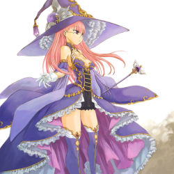 Rule 34 | 1girl, annalina rehn, breasts, cervus, cleavage, dress, frilled dress, frills, glasses, gloves, hat, highres, kanpani girls, long hair, looking away, pink hair, purple eyes, standing, thighhighs, wand, witch hat