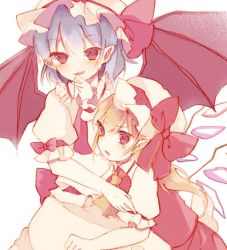 Rule 34 | 2girls, ascot, back bow, bat wings, blonde hair, blue hair, blush, bow, crystal, flandre scarlet, frilled shirt, frilled shirt collar, frilled sleeves, frills, hair between eyes, hand to own mouth, hat, hat ribbon, mob cap, multiple girls, one side up, puffy short sleeves, puffy sleeves, purple ascot, red bow, red eyes, red ribbon, red skirt, red vest, remilia scarlet, ribbon, ribbon trim, sash, shirt, short hair, short sleeves, siblings, sisters, skirt, sorani (kaeru0768), touhou, vest, white background, white shirt, wings, wrist cuffs, yellow ascot
