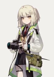 Rule 34 | 1girl, absurdres, arknights, bag, black skirt, brown vest, camera, closed mouth, coat, collared shirt, cowboy shot, expressionless, grey background, highres, holding, holding camera, light brown hair, long sleeves, looking at viewer, necktie, one side up, red necktie, scene (arknights), shirt, short hair, shoulder bag, simple background, single thighhigh, skirt, solo, thighhighs, vest, white coat, white shirt, yellow eyes, yoon cook