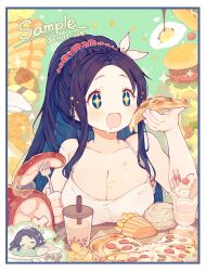 Rule 34 | + +, 1girl, amakawa tamawo, aqua background, barbell, bare arms, bare shoulders, blue border, blue eyes, blue hair, blush, bone, book, border, breast rest, breasts, burger, camisole, cherry, chibi, chips (food), cleavage, closed eyes, collarbone, colored inner hair, commission, cup, dark blue hair, disposable cup, drink, drinking glass, drinking straw, drooling, egg (food), english text, failure, fang, fish (food), food, food on body, food on breasts, fork, french fries, fried egg, frilled pillow, frills, fruit, hair ornament, hair over shoulder, hair scrunchie, highres, holding, holding food, holding fork, ice cream, large breasts, long hair, looking at food, maple syrup, meat, multicolored hair, multicolored scrunchie, open book, open mouth, original, pancake, pancake stack, pillow, pizza, pizza slice, plump, potato chips, red scrunchie, sashimi, scrunchie, skeb commission, skin fang, sleeping, sliced meat, solo, sound effects, soy sauce, spaghetti strap, star (symbol), striped, sun, symbol-shaped pupils, tomato, tomato slice, white border, white camisole, zzz