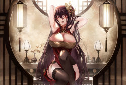 Rule 34 | 1girl, 333 (pixiv8601259), absurdres, armpits, arms behind head, azur lane, bare shoulders, black hair, blush, breasts, bridal gauntlets, china dress, chinese clothes, cleavage, cleavage cutout, clothing cutout, dress, hair between eyes, hair ornament, highres, knee up, large breasts, long hair, looking at viewer, official alternate costume, red dress, red eyes, sitting, solo, sweat, taihou (phoenix&#039;s spring song) (azur lane), thighhighs, very long hair