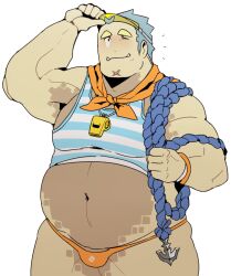 Rule 34 | 1boy, anchor, bara, big belly, blue tank top, bulge, cowboy shot, humanization, large pectorals, lifeguard, looking at viewer, makara (housamo), male focus, male swimwear, muscular, muscular male, navel, orange male swimwear, pectorals, reptile boy, sanpaku, saturday (hokawazu), scales, scar, scar on chin, scar on face, shirt, short hair, sidepec, solo, stomach, striped clothes, striped shirt, swim briefs, tank top, thick eyebrows, tokyo houkago summoners, whistle, whistle around neck