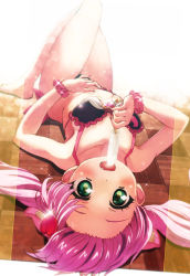 Rule 34 | 1girl, animal ears, bikini, black bikini, cat ears, fang, food, frilled bikini, frills, front-tie bikini top, front-tie top, green eyes, hair ornament, hand on own stomach, heart, heart hair ornament, highres, ice cream, licking, long hair, looking at viewer, lying, nail polish, nyama, on back, open mouth, pink hair, pink scrunchie, popsicle, rosia (show by rock!!), scrunchie, show by rock!!, solo, sparkle, swimsuit, tongue, tongue out, twintails, upside-down, wrist scrunchie