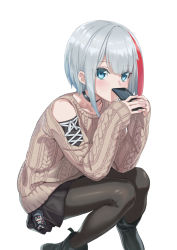 Rule 34 | 1girl, admiral graf spee (azur lane), admiral graf spee (peaceful daily life) (azur lane), aran sweater, azur lane, black choker, black footwear, black skirt, blue eyes, boots, brown pantyhose, brown sweater, cable knit, cellphone, charm (object), choker, clothing cutout, collarbone, commentary request, covered mouth, deutschland (azur lane), hair between eyes, hands up, highres, holding, holding phone, long sleeves, looking at viewer, multicolored hair, own hands together, pantyhose, phone, pleated skirt, red hair, shoulder cutout, silver hair, simple background, skirt, sleeves past wrists, solo, streaked hair, sweater, tuchinokoeffect, white background