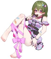 Rule 34 | 1girl, absurdres, bandaid, bandaid on arm, bandaid on leg, barefoot, breasts, candy, chocolate, chocolate heart, chocolate on body, dress, feet, food, food on body, green hair, heart, highres, idolmaster, idolmaster million live!, knees up, looking at viewer, medium breasts, melting, mouth hold, multicolored clothes, multicolored dress, nagayoshi subaru, off-shoulder dress, off shoulder, pink ribbon, red eyes, ribbon, shaded face, simple background, solo, toes, tutimaru0730, white background