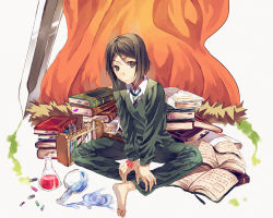 Rule 34 | 1boy, bad id, bad pixiv id, barefoot, black hair, book, cape, chemistry set, command spell, fate/stay night, fate/zero, fate (series), green eyes, indian style, male focus, necktie, parted bangs, short hair, sitting, solo, sword, toro96popo, waver velvet, weapon