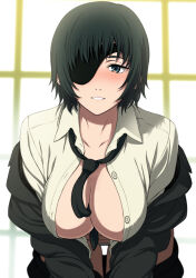 Rule 34 | 1girl, between breasts, black hair, black jacket, black necktie, blush, breasts, chainsaw man, cleavage, clothes pull, collarbone, eyepatch, formal, green eyes, highres, himeno (chainsaw man), isse, jacket, large breasts, leaning forward, looking at viewer, necktie, off shoulder, panties, pants, pants pull, parted lips, shirt, solo, suit, unbuttoned, underwear, white panties, white shirt