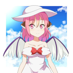 Rule 34 | 1girl, animal ears, bare shoulders, bird wings, blue sky, bow, breasts, cato (monocatienus), cloud, collarbone, commentary request, dress, hair between eyes, hat, looking at viewer, medium breasts, medium hair, mystia lorelei, pink eyes, pink hair, red bow, sky, smile, solo, strapless, strapless dress, sun hat, touhou, white dress, white hat, wings