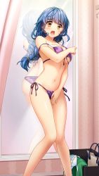 Rule 34 | 1girl, bikini, blue hair, blush, braid, breasts, collarbone, covering privates, covering breasts, covering one breast, doukyuusei another world, embarrassed, floating hair, game cg, indoors, large breasts, long hair, navel, off shoulder, official art, open mouth, purple bikini, purple ribbon, ribbon, side-tie bikini bottom, single braid, solo, standing, swimsuit, underboob, very long hair, yellow eyes