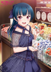 Rule 34 | 10s, 1girl, alternate hairstyle, blue dress, blue hair, blue ribbon, candy, chocolate, copyright name, corset, cowboy shot, dress, earrings, english text, food, hair ribbon, halterneck, highres, indoors, jewelry, layered clothes, lindor truffles, lindt, long hair, love live!, love live! school idol festival, love live! sunshine!!, official art, ponytail, poster (medium), product placement, red eyes, ribbon, see-through, smile, solo, standing, teeth, tsushima yoshiko, unmoving pattern, wrapped candy