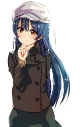 Rule 34 | 10s, 1girl, alternate costume, arm behind back, black skirt, blue hair, blush, brown coat, brown eyes, buttons, casual, coat, hand on own chin, hat, highres, long hair, long sleeves, looking at viewer, love live!, love live! school idol festival, love live! school idol project, minase yuki, simple background, skirt, smile, solo, sonoda umi, standing, white background