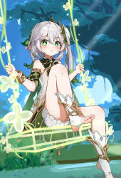 Rule 34 | 1girl, absurdres, blush, cape, chinese commentary, closed mouth, commentary request, cross-shaped pupils, detached sleeves, dress, feet, genshin impact, gradient hair, green cape, green eyes, green hair, green sleeves, grey hair, hair between eyes, hair ornament, highres, leaf hair ornament, legs, long hair, multicolored hair, nahida (genshin impact), no shoes, pointy ears, qiufengxiaose, shiny skin, side ponytail, sidelocks, sitting, sleeveless, sleeveless dress, soles, solo, stirrup footwear, stirrup legwear, swing, symbol-shaped pupils, thighs, toeless legwear, toes, white dress, white footwear
