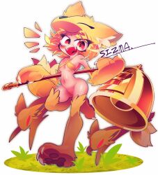 Rule 34 | 1girl, animal feet, animal hands, bell, blonde hair, blush, bottomless, breasts, commentary request, commission, criss-cross halter, fox, fox girl, fox hat, full body, grass, halterneck, holding, holding staff, kitsune, looking at viewer, medium breasts, moonlight flower, multiple tails, navel, nine tail (ragnarok online), no pussy, open mouth, orange eyes, ragnarok online, second-party source, shiny skin, short hair, signature, sizma, smile, staff, tail, underboob, white background